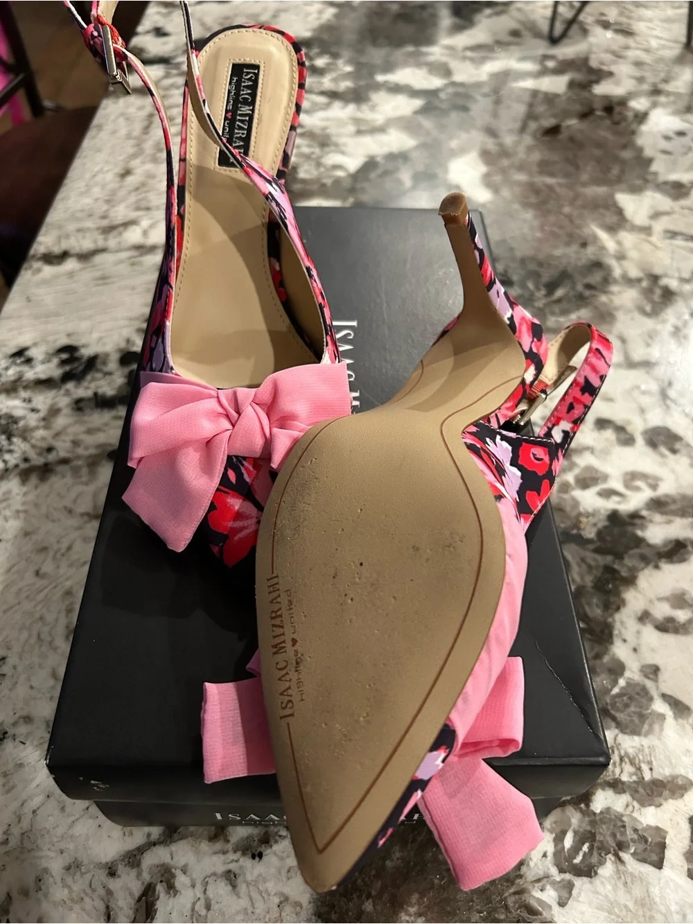 Isaac Mizrahi Floral Pink Pointed-Toe Slingback Heels with Bow